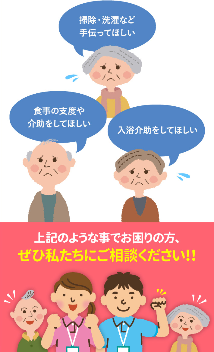 このような方、ご相談ください。掃除・選択など手伝ってほしい。食事の支度や介助してほしい。入浴介助をしてほしい。